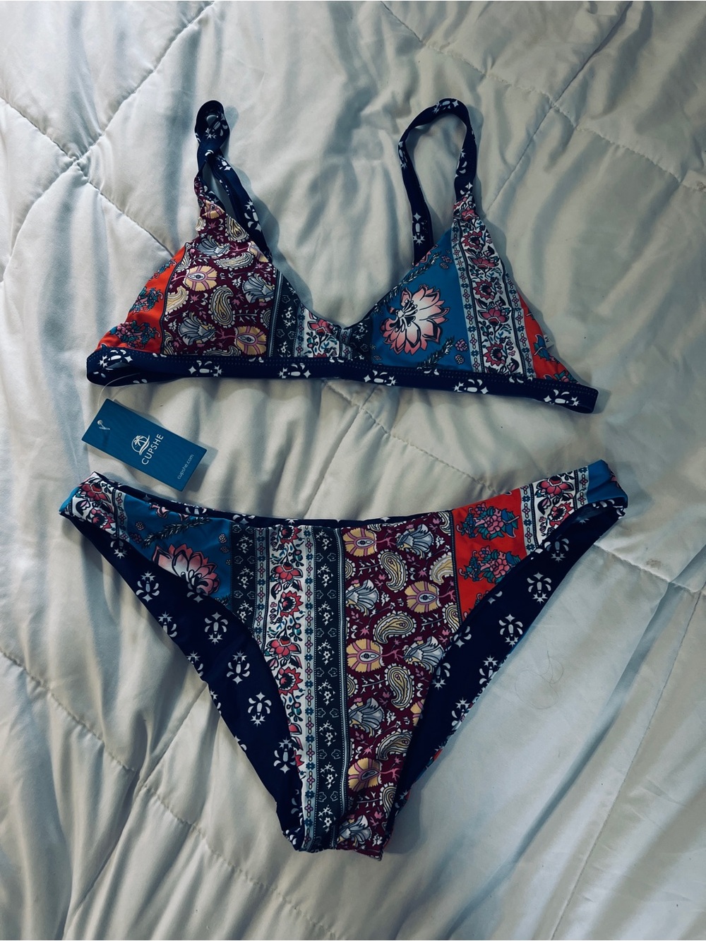 Cupshe Blue Red Paisley Patchwork Bikini Set